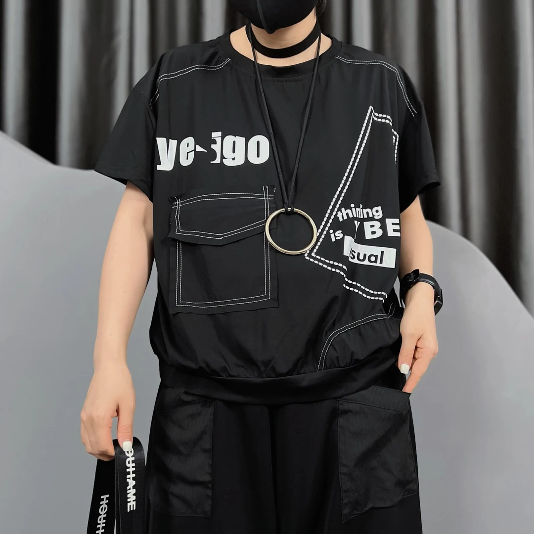 欧货潮牌夏季女装上衣YB2679口袋个性拼接圆领短袖百搭宽松T显瘦