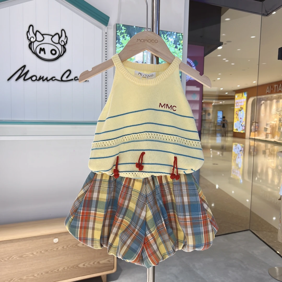 763MOMOCO女童夏季洋气休闲百搭黄色格子系两件套77620580014