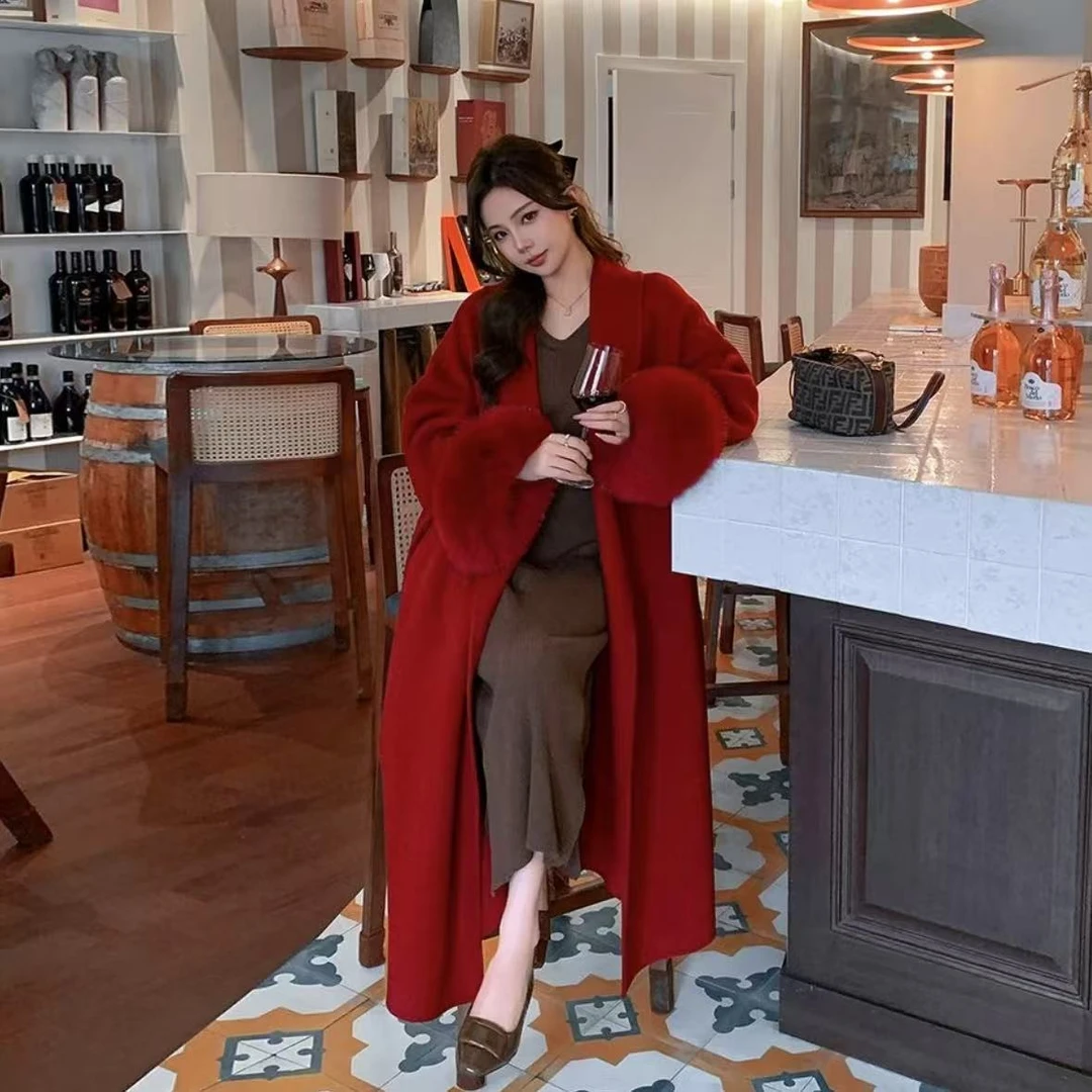 红色2025年新款双面大衣女高个子长款仿狐狸毛袖口高级感毛呢外套