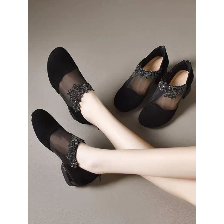 A116水钻低跟夏季磨砂皮粗跟透气单鞋妈妈鞋百搭网面女鞋