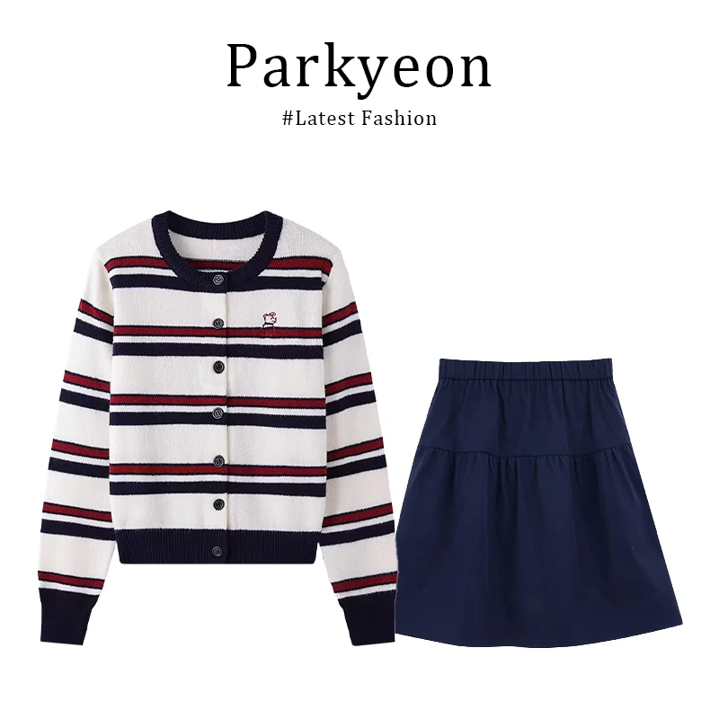 日系学院风减龄撞色条纹针织开衫藏青色半身裙小个子两件套装女春