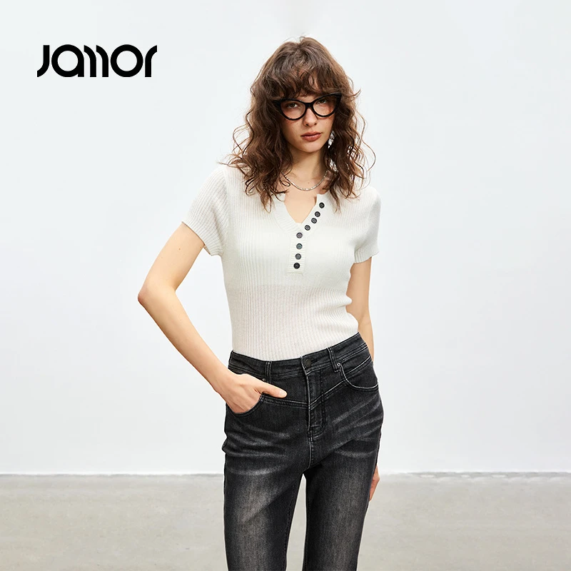 Jamor加墨白色短袖针织衫上衣2025新款DJZ579214