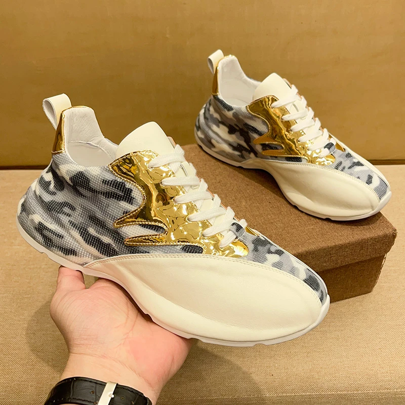 轻奢亮金迷彩真皮休闲鞋个性百搭厚底防滑舒适减震老爹鞋运动鞋