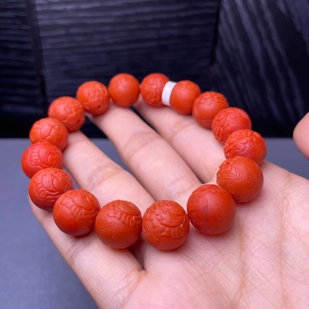 保山南红雕刻牡丹花花开富贵手串单圈圆珠卡13➕