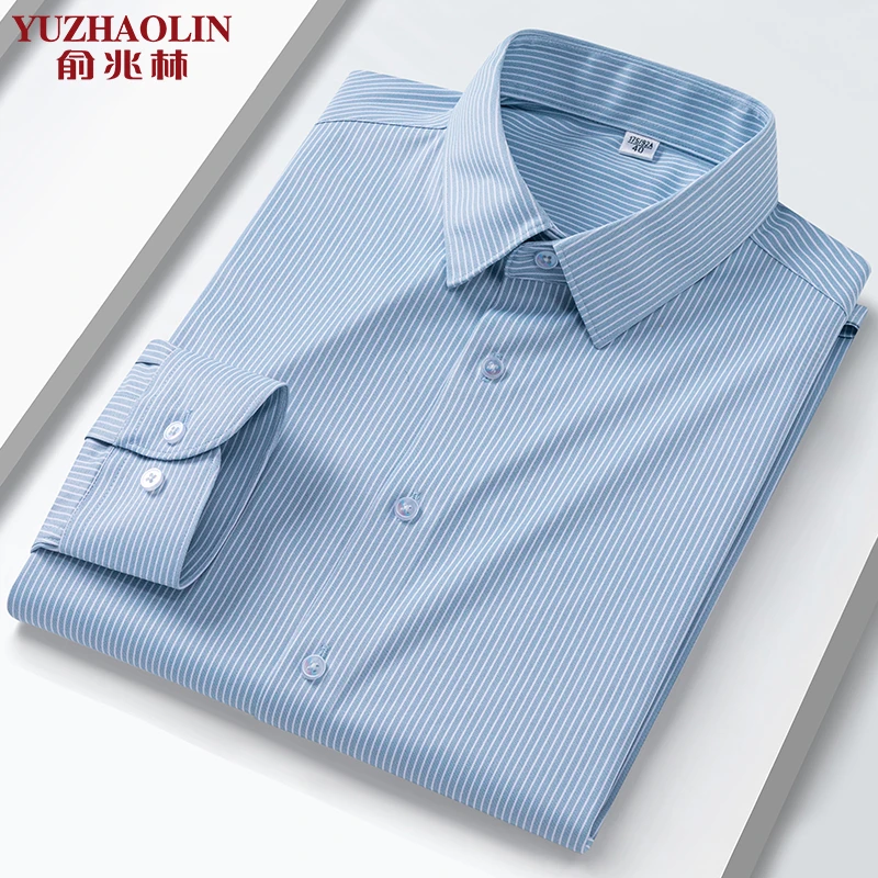 俞兆林条纹衬衫男装蓝色休闲衬衣长袖秋季免烫抗皱高级感商务正装