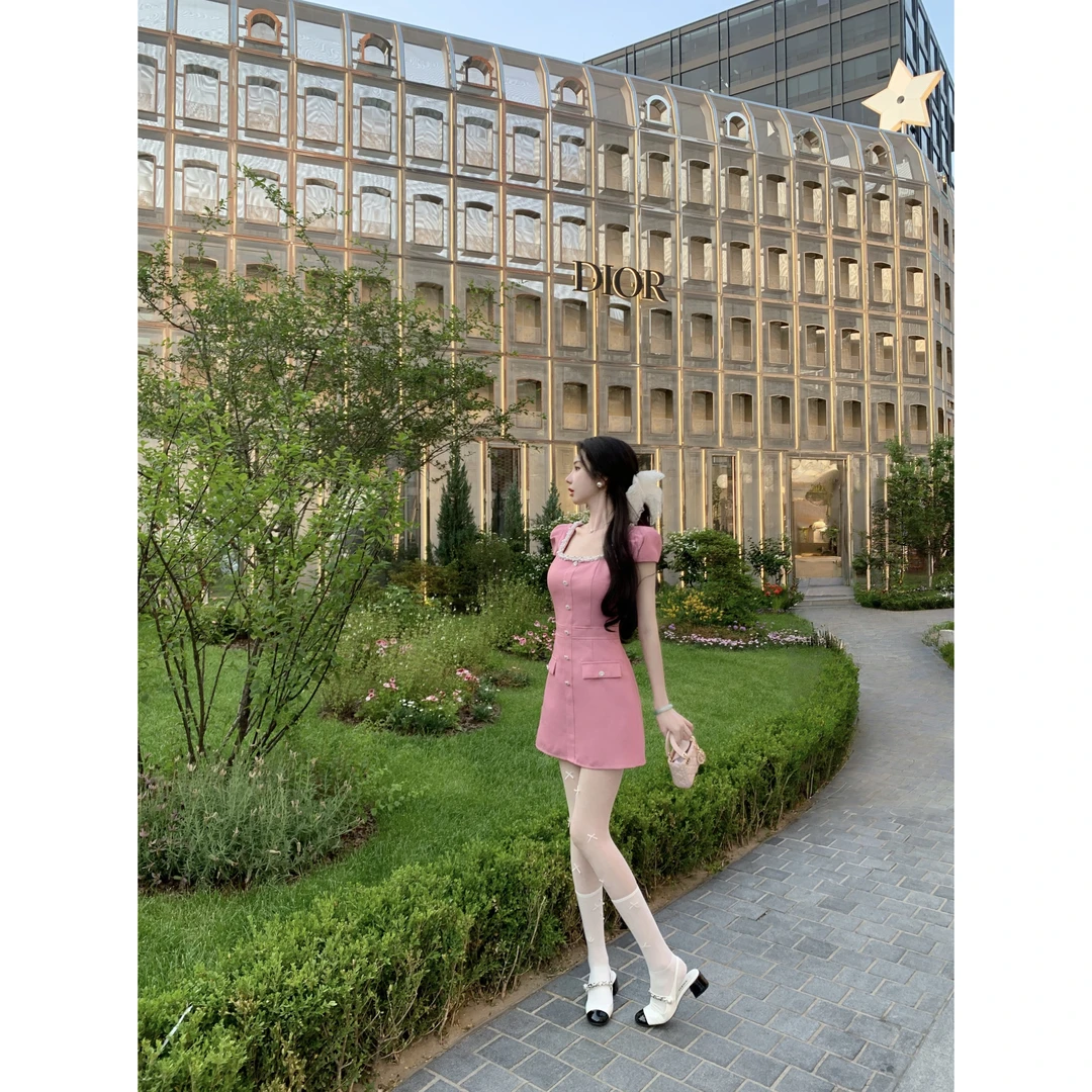 【雅乔定制】淡颜香风 法式方领钉珠小香连衣裙短裙DYYY-25035863