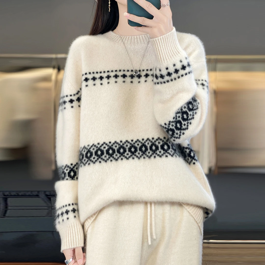 2025秋冬新款洋气条纹针织打底衫女韩版宽松大码显瘦休闲加厚毛衣