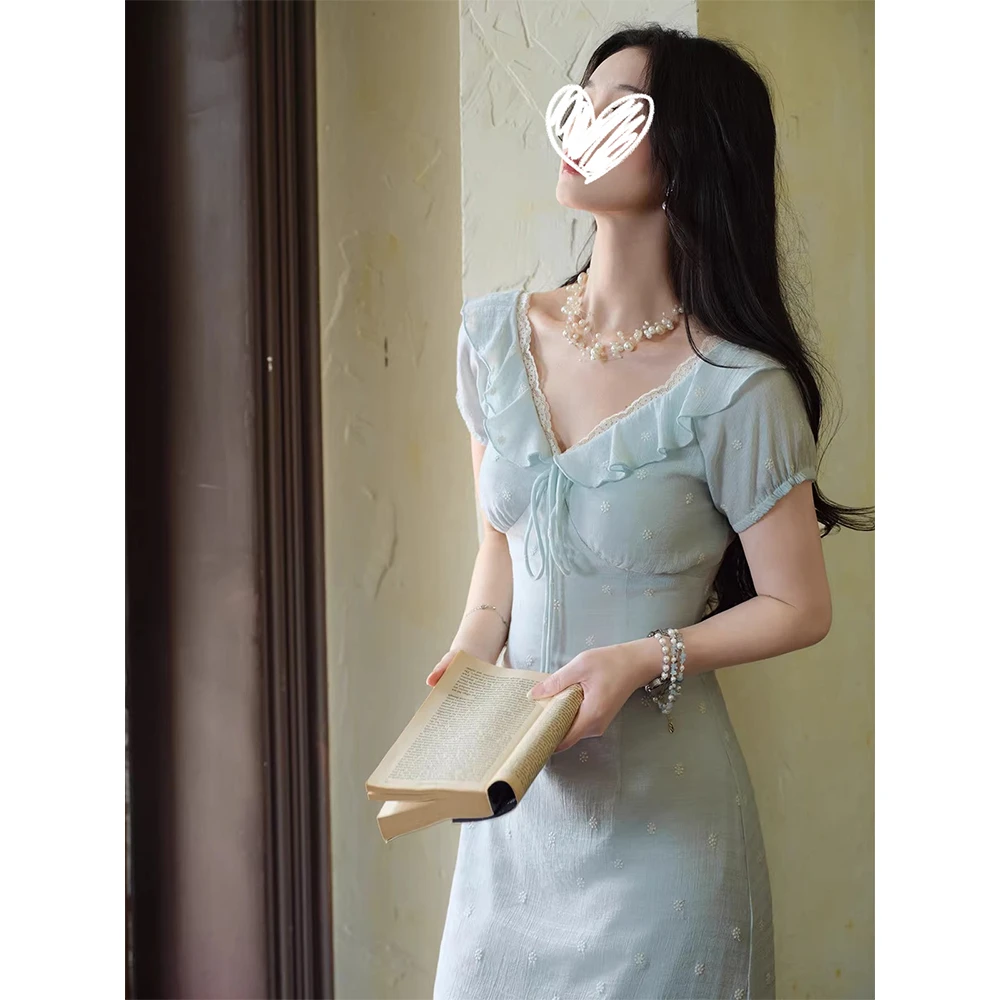 【泡沫之夏】蕾丝拼接系带收腰连衣裙女荷叶边显瘦复古气质裙子