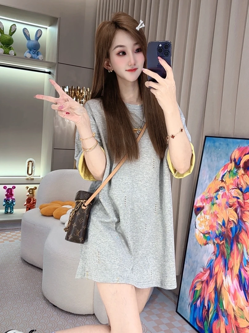 时尚百搭显瘦宽松重工夏季减龄中长款休闲T恤