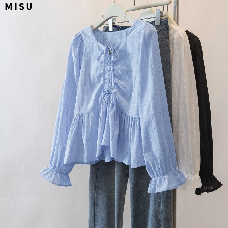 MISU早秋抽绳v领显瘦衬衫女胖mm法式泡泡袖遮肚子短款上衣T