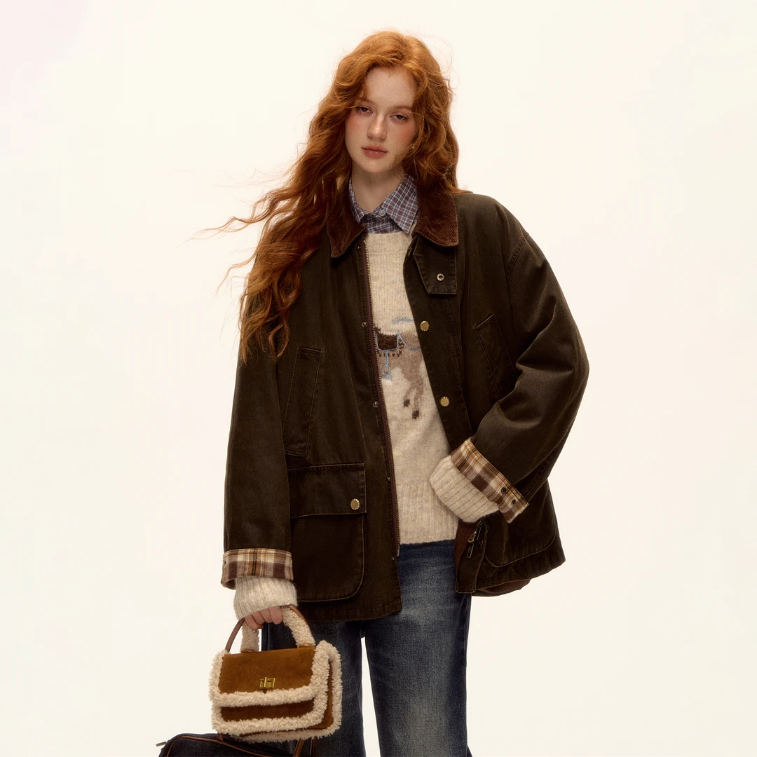 AsGony格纹拼接夹棉夹克外套