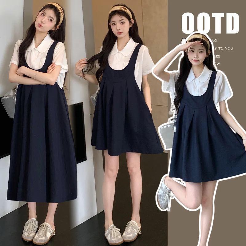 孕妇装夏季新款洋气时尚短袖衬衣+宽松显瘦背带裙减龄韩版两件套