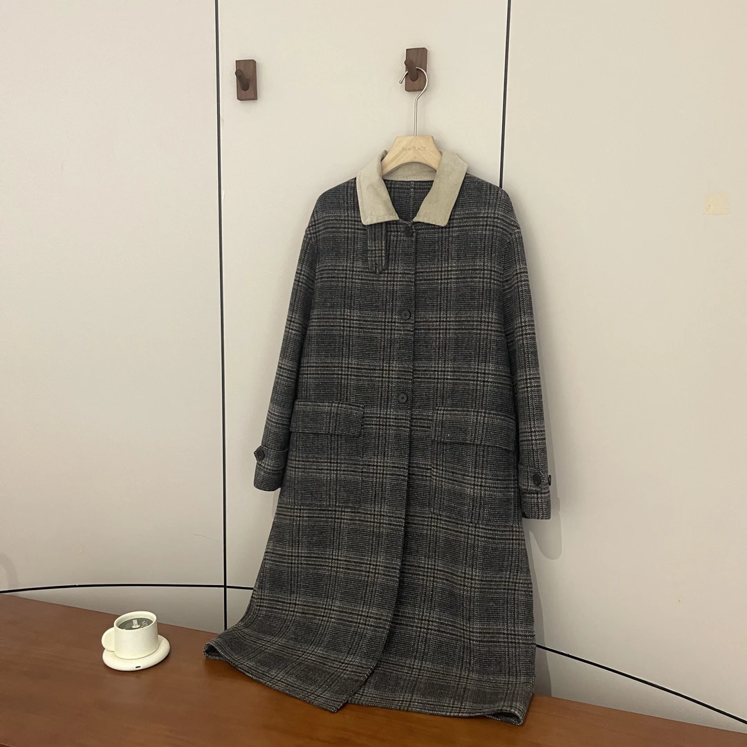 FUJIA STYLE新款气质休闲百搭格纹撞色领双面毛呢大衣外套DY8816