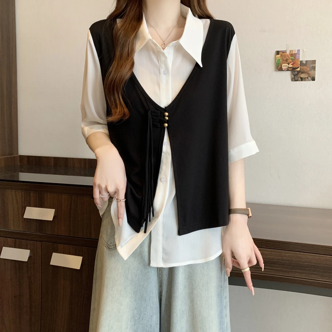 大码女装设计感遮肚子衬衫夏季马甲拼接撞色假两件上衣宽松显瘦女