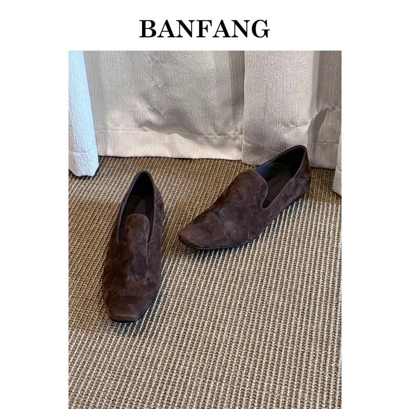 BANFANG2.5CM棕色绒面穆勒鞋女复古方头磨砂皮懒人包头单鞋
