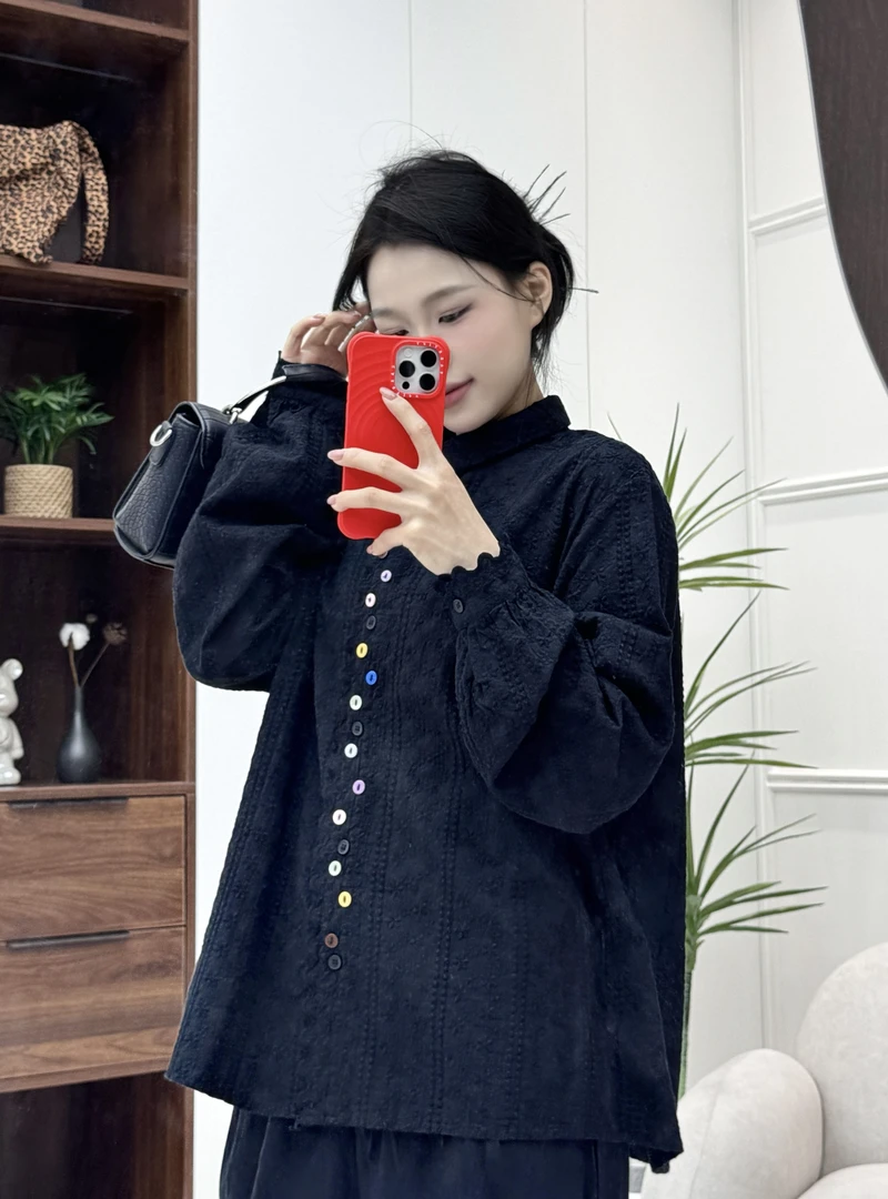 （HUAISHU）2025春季新款百搭显瘦方领彩色扣子纯棉宽松长袖女衬衣