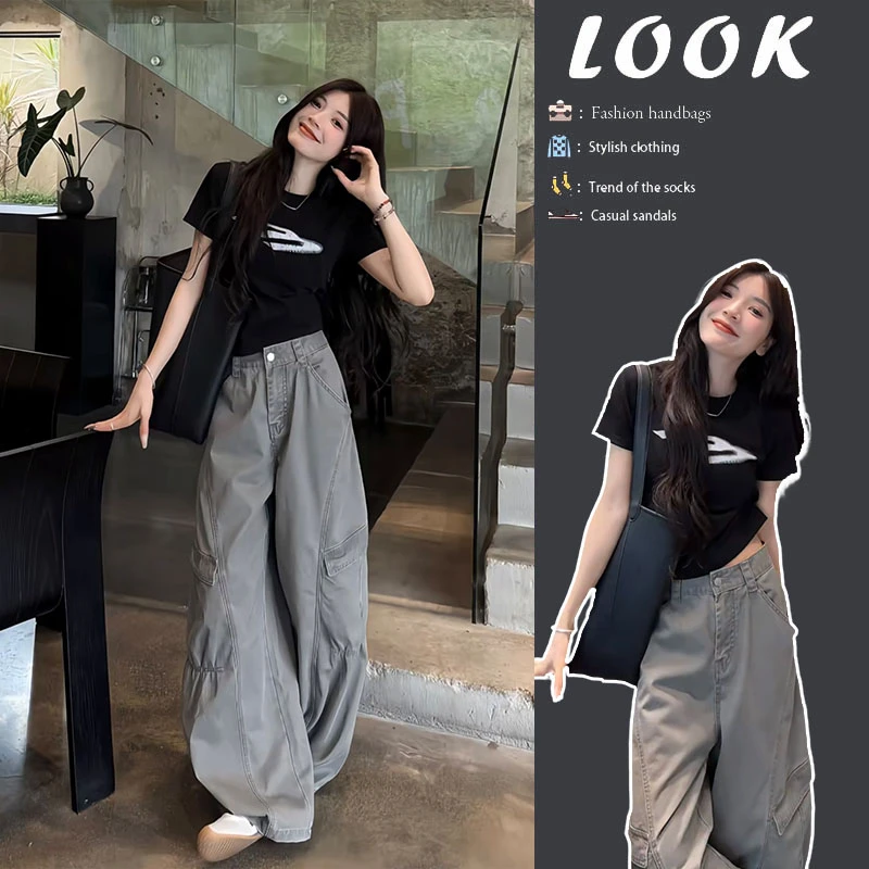 夏季穿搭女2025新款圆领印花修身短袖T恤显瘦阔腿牛仔裤两件套装