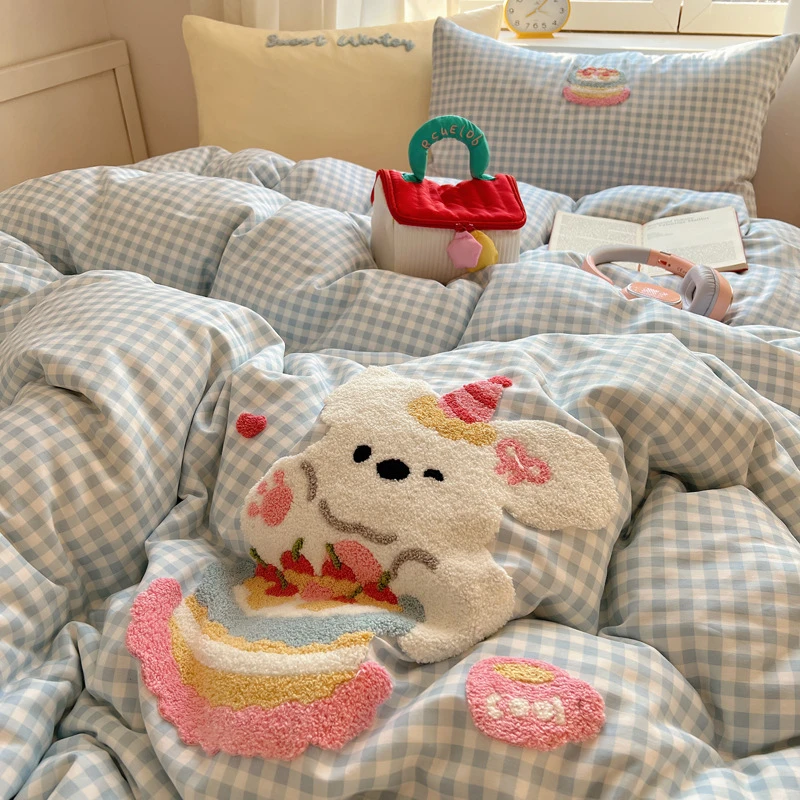 2025新款卡通可爱四件套毛巾绣被套被罩床单人学生宿舍三件套床品