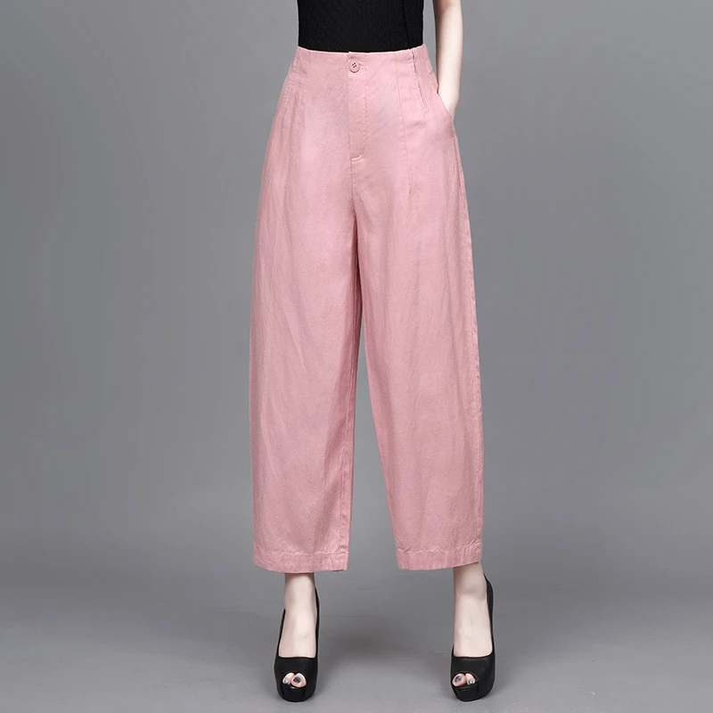 2025新款天丝亚麻高腰显瘦高级感九分气球裤夏季薄款阔腿休闲裤子