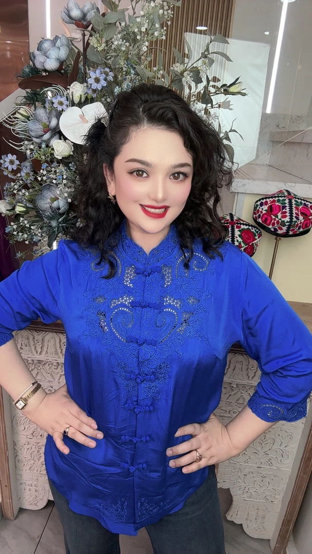 《蓝色中袖 زەڭگەر گاچا يەڭ》桑蚕丝衬衫，刺绣衬衫女长袖