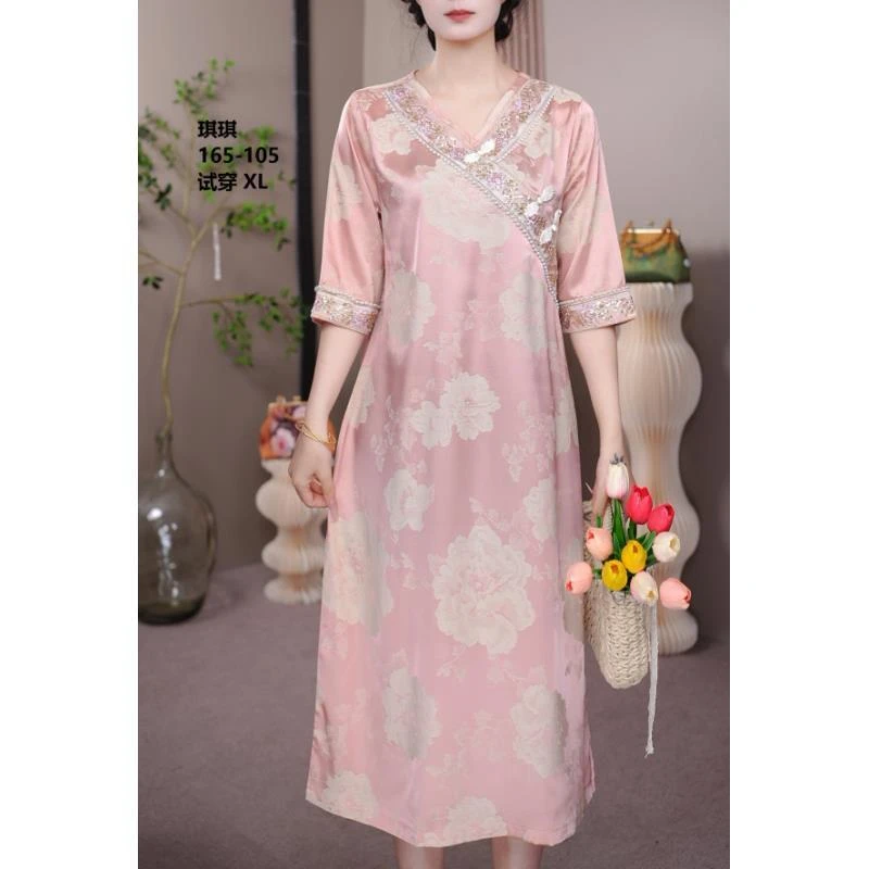 5501【刺绣钉珠】牡丹花萝直筒遮肚子连衣裙