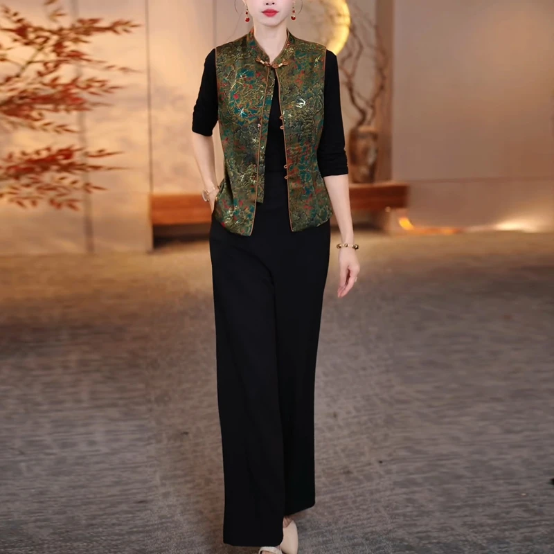 高端时尚气质新中式套装2025春秋新款女士优雅马甲长裤两件套减龄