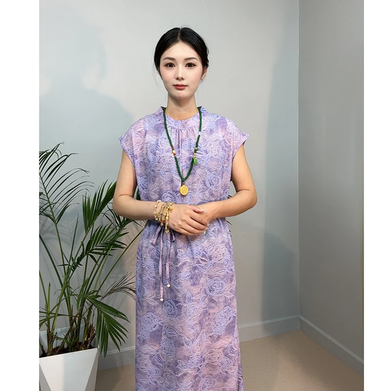 【紫气东来新中式】夏季连衣裙印花风格A字裙国风常规复古妈妈裙子