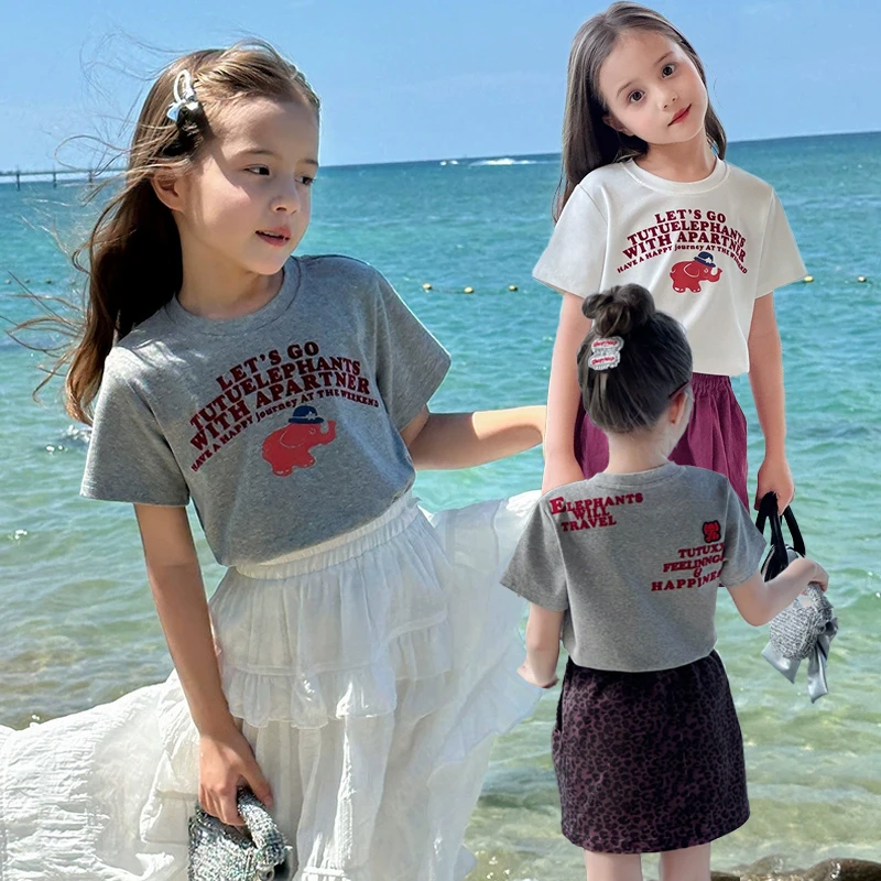 【高弹赛罗棉•潮牌植绒正肩T】女童洋气休闲T恤亲子百搭圆领上衣新