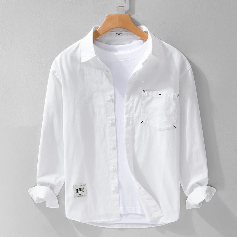 日系复古简约纯色经典百搭长袖休闲衬衫春季男士潮流宽松衬衣外套