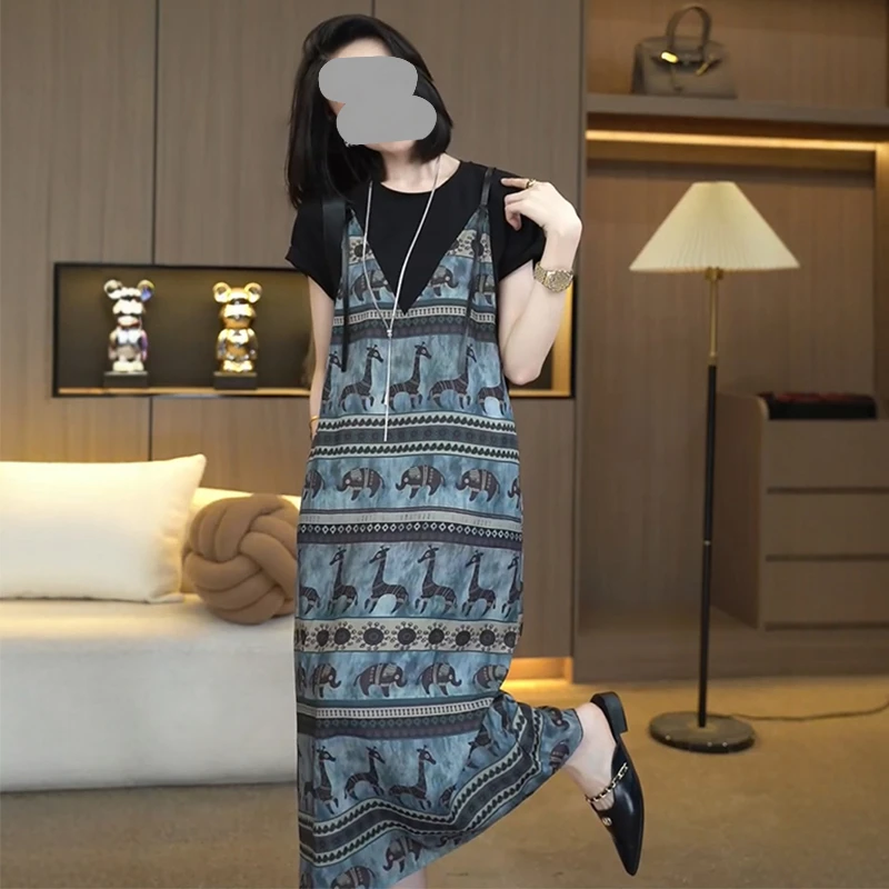 法式复古气质印花假两件拼接连衣裙女夏季新款设计感时尚显瘦裙子