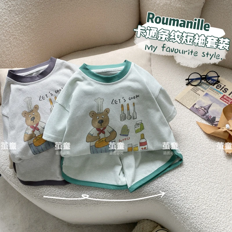 【麦麦妈】X325夏季小童卡通条纹短袖套装新品男女宝宝休闲百搭两件
