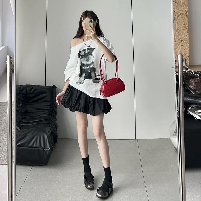 黑色云朵蓬蓬花苞短裙女2025夏季新款设计感高腰显瘦短款泡泡半裙