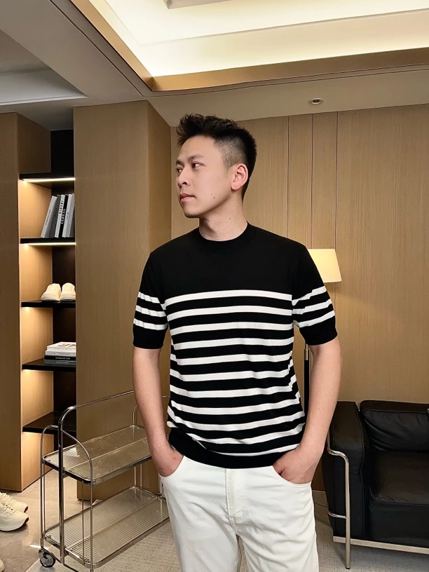 RAYSTUDRO条纹莱赛尔冰丝针织男士短袖百搭撞色透气