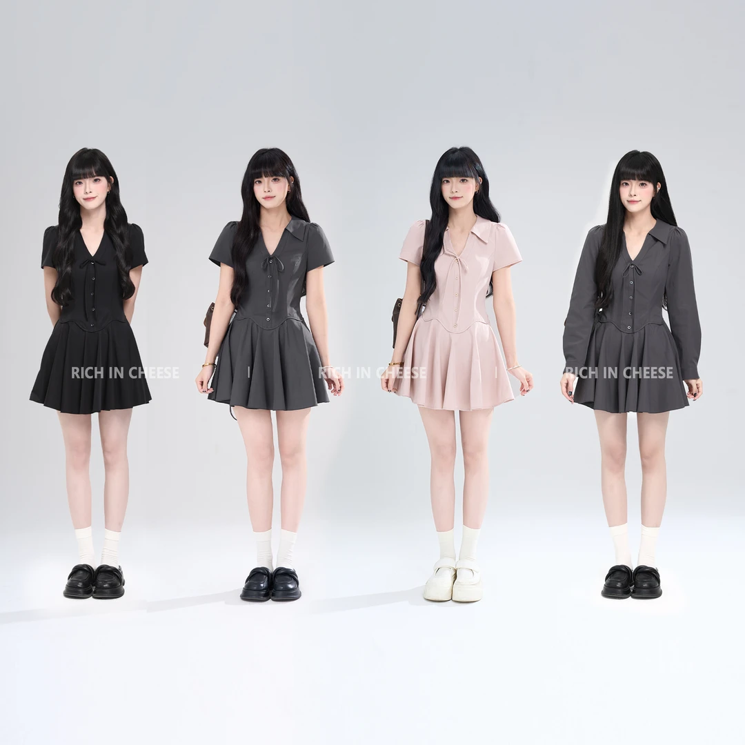 【清清】RICHINCHEESE 格林小姐 复古风灰色翻领A字简约收腰连衣裙