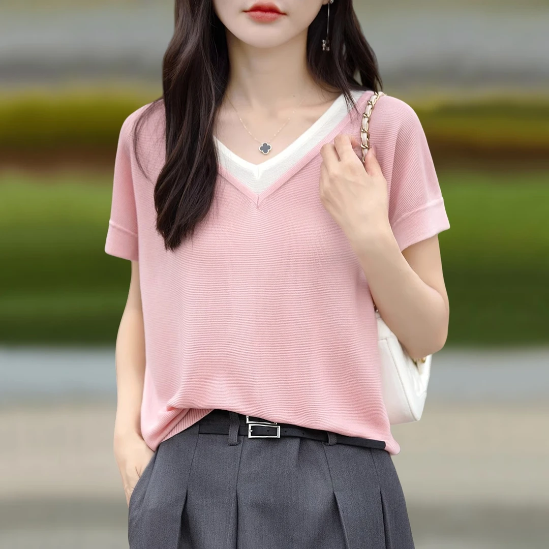 设计感v领粉色减龄假两件短袖t恤女夏季休闲显瘦时尚针织衫上衣