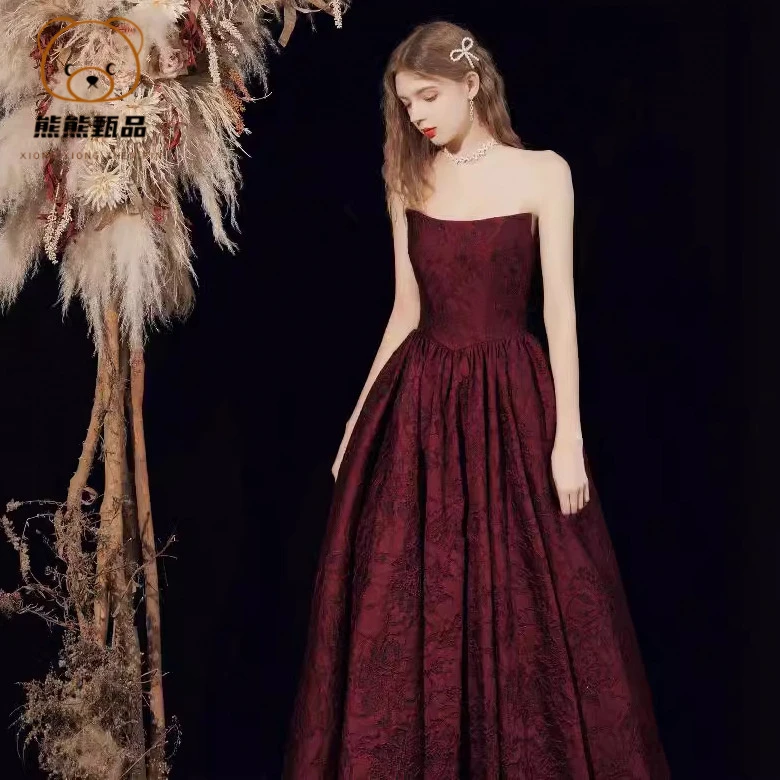 敬酒服新娘新款秋冬红色结婚礼服宴会气质缎面长裙女抹胸礼服dd