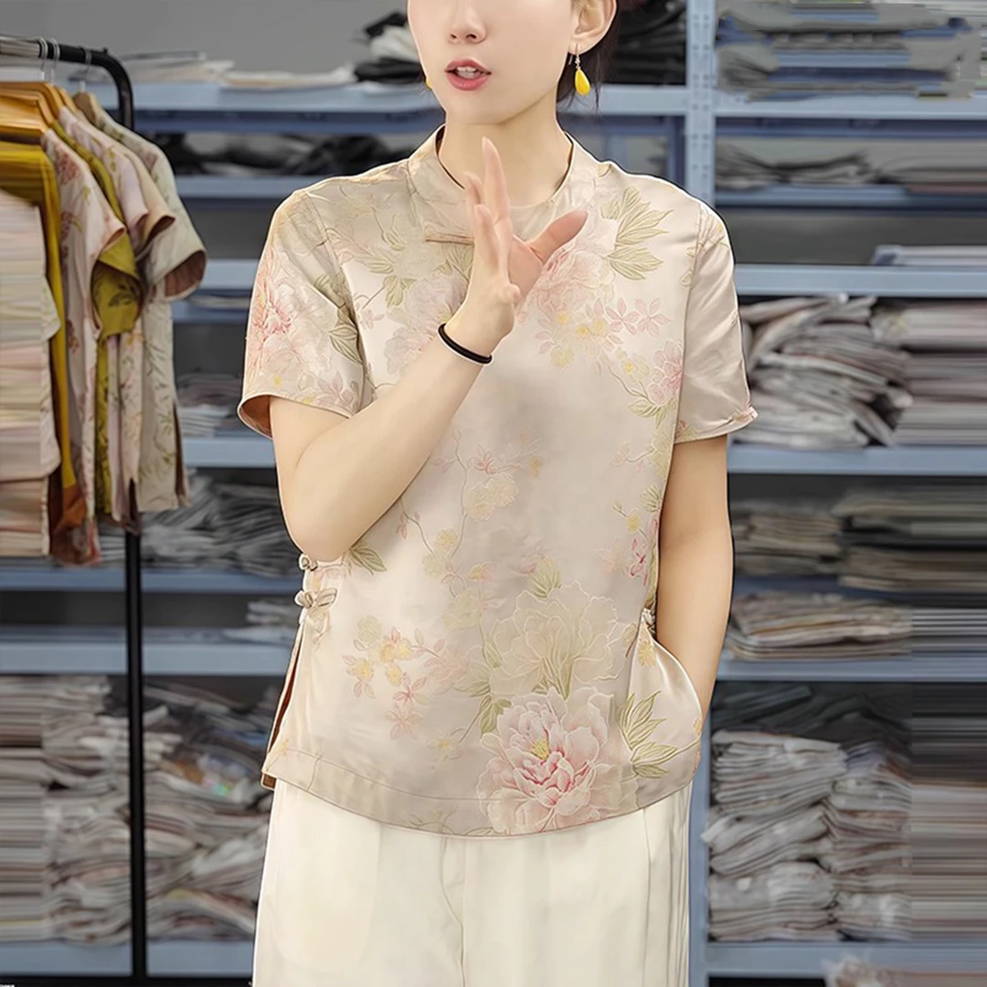 夏季新款气质复古盘扣上衣小衫新中式女国风立领人丝提花短袖衬衫