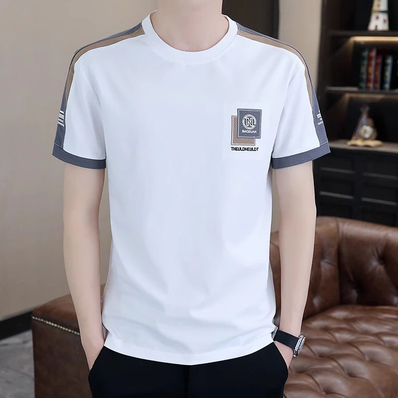 高端时尚男士撞色刺绣圆领短袖夏季新款潮流休闲百搭修身半袖T恤