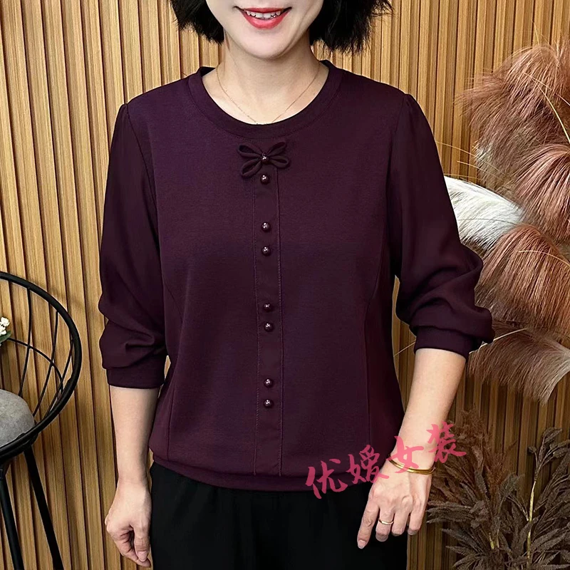 洋气妈妈装秋季圆领拼接蝴蝶结宽松显瘦百搭中老年女装长袖上衣
