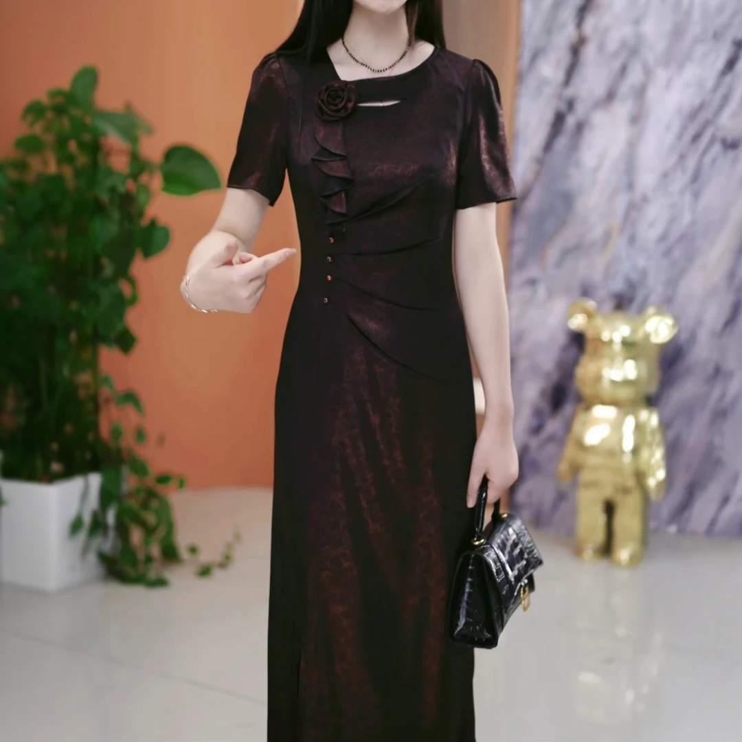 高级云锦缎高档中式国风刺绣旗袍裙2025夏季新款韵味中长款旗袍女