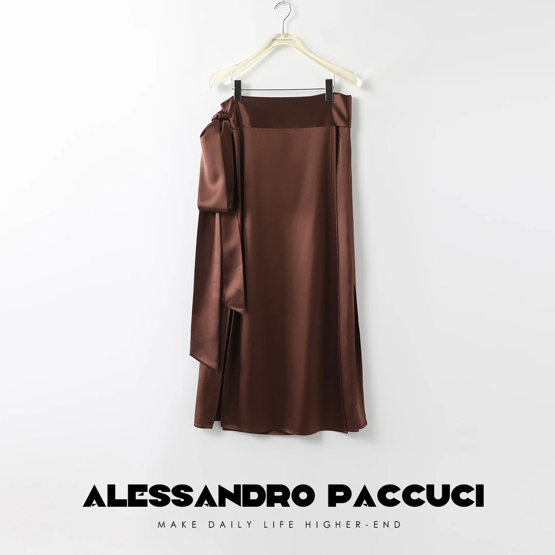 AP洛哥22156X二醋酸光泽感棕色轻解构飘带气质时尚百搭半身裙