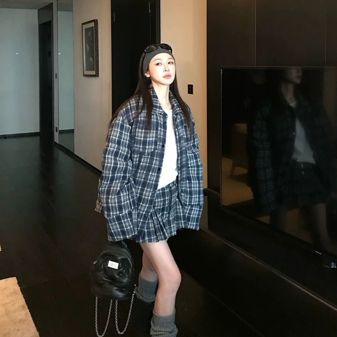 海盐特调 INS风格纹棉服女冬季百褶裙套装