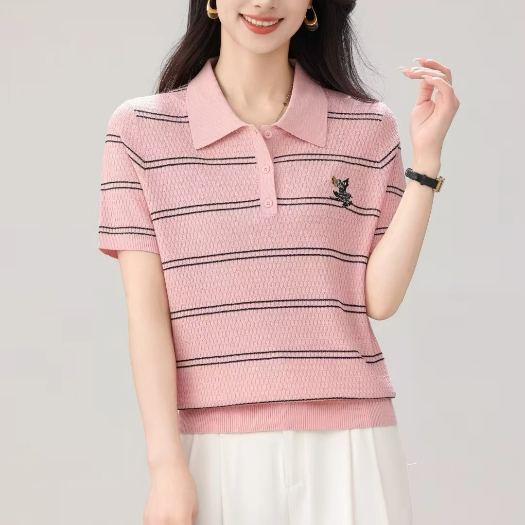 凉快短袖条纹女士兰精天丝桑蚕丝翻领针织衫女
