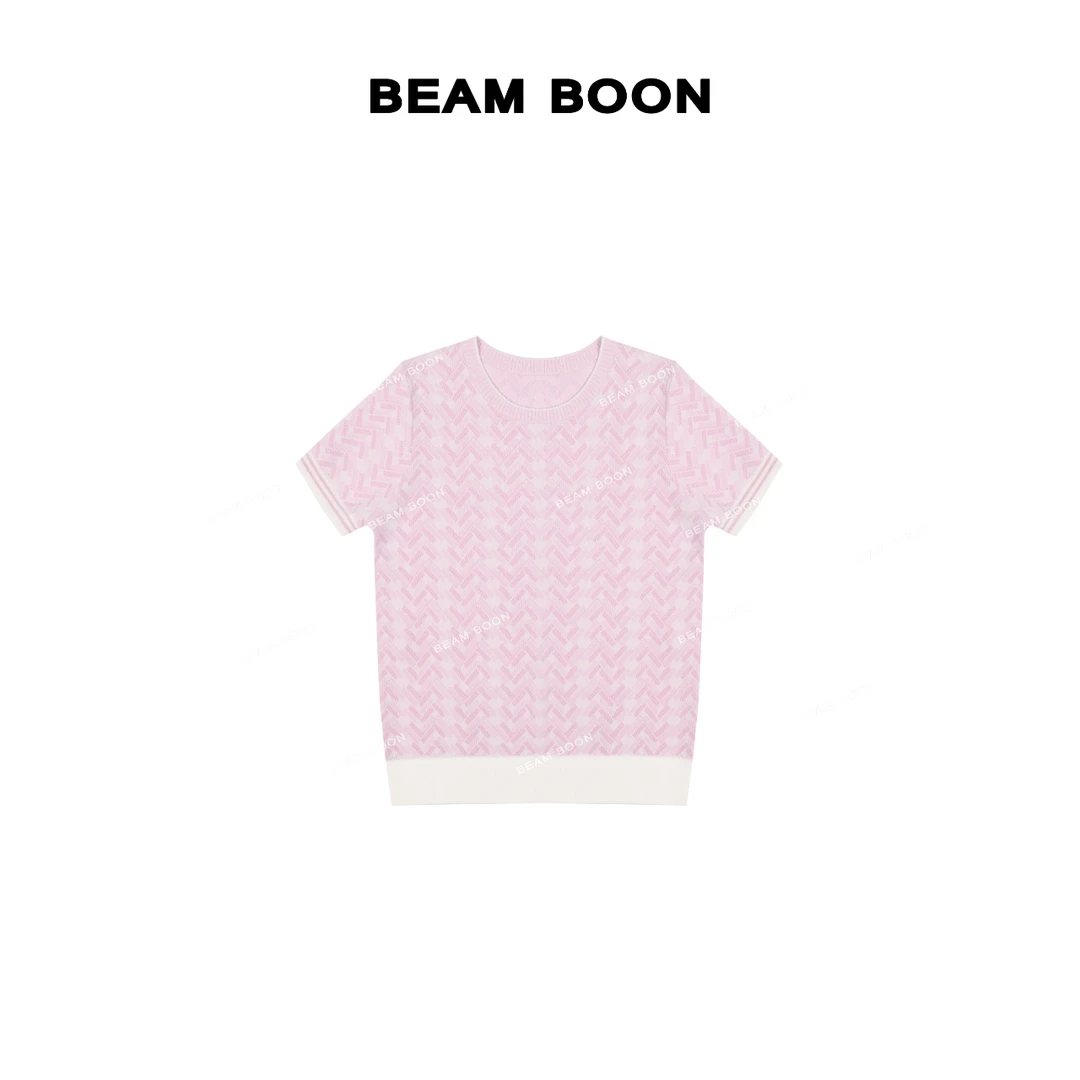 Beam Boon|【蜜夏草莓】 F*LA 伊力特50支高捻渐变提花镂空简约短袖