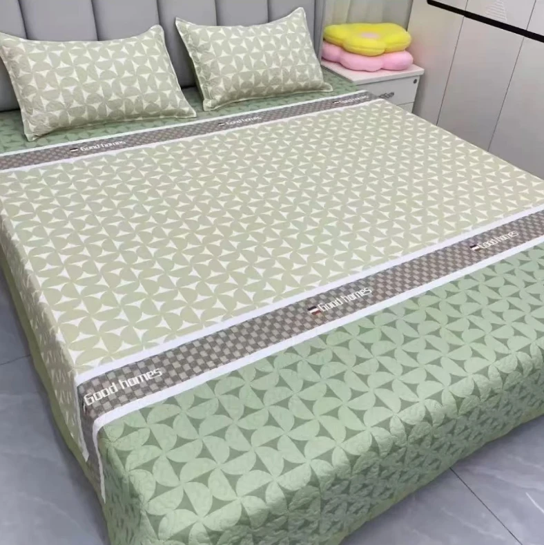 【风车绿三件套】200*230cm四季水洗棉床盖+48*74cm一对枕巾