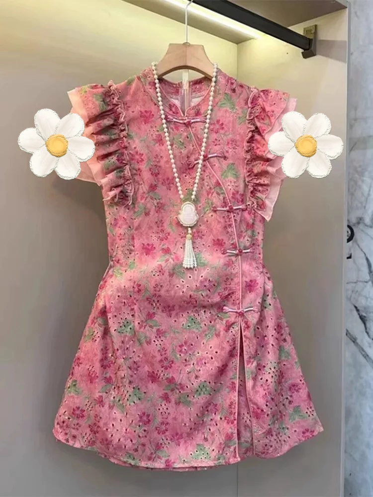 800#新中式镂空碎花套装上衣➕短裤 粉黄两个色