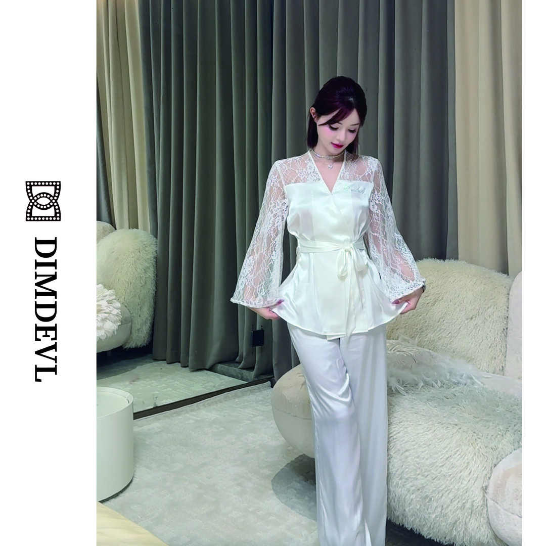 DIMDEVL/汀黛Q长袖蕾丝显瘦套装水光缎面蕾丝夏季家居服睡衣女