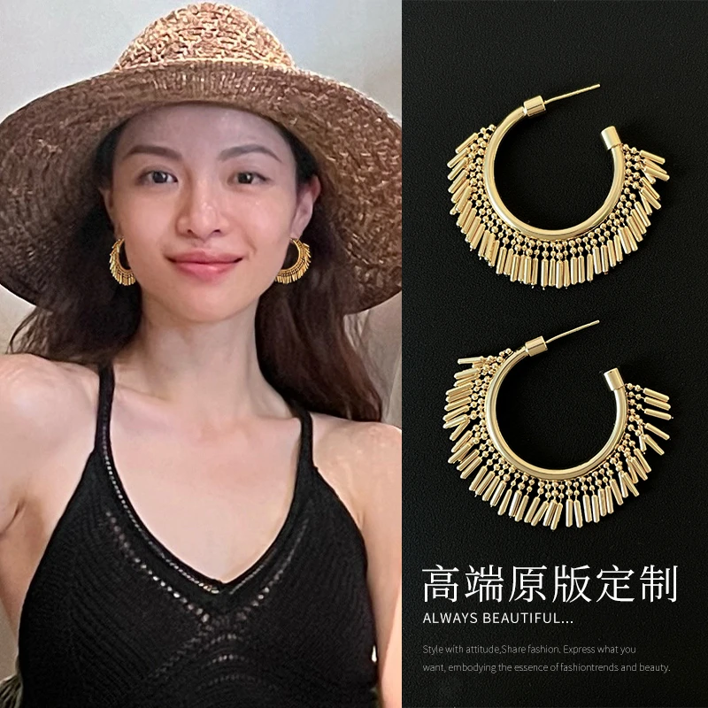 铜合金耳饰 钟楚曦同款波西米亚夸张流苏耳圈女款显脸小耳环耳饰