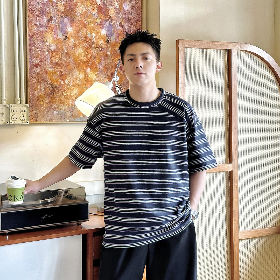 【立体条纹】新贵高奢夏宽松男T恤撞色条纹设计感休闲圆领短袖上衣