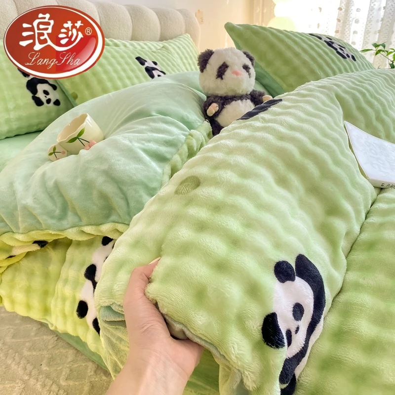 2025新款印花牛奶绒泡泡绒四件套加厚保暖花边床裙款床单提花被套